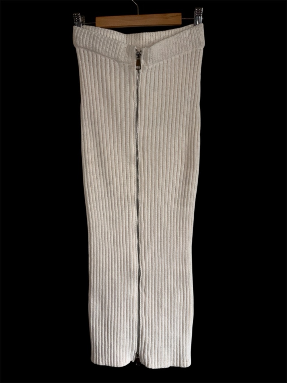 Zara Cream white Ribbed Knit silver Zip-Front pencil mid Skirt medium nwt